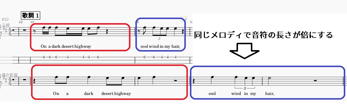 同じメロディで音符の長さが倍にする